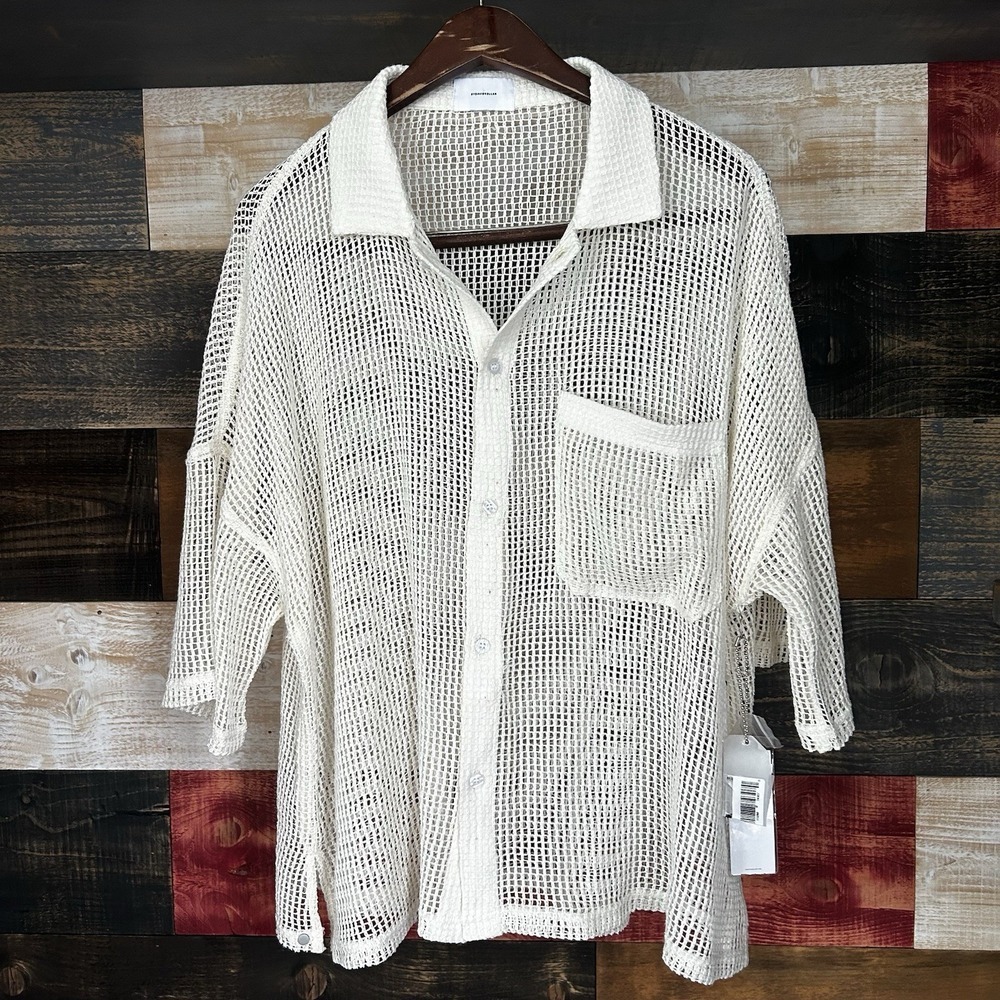 NWT By David Kollar MESH Overshirt Button Up Large Mens White Rave Festival Stop